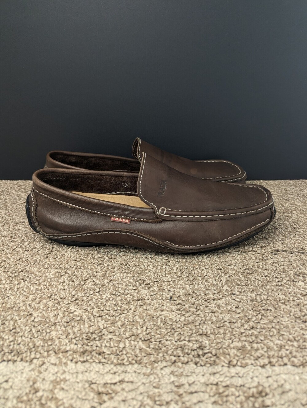 Prada Mens Leather Driving Loafers Size 43 US 10 Brown Moccasins Shoes